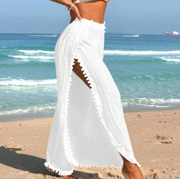 SHEIN Other - Shein white semi sheer open side split wide leg swim coverup pants pompon detail